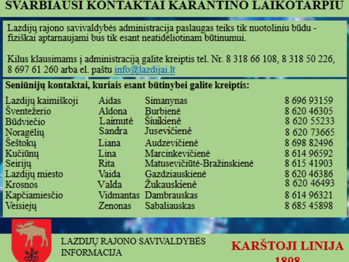 Lazdijų rajono savivaldybės administracija gyventojus aptarnaus tik nuotoliniu būdu