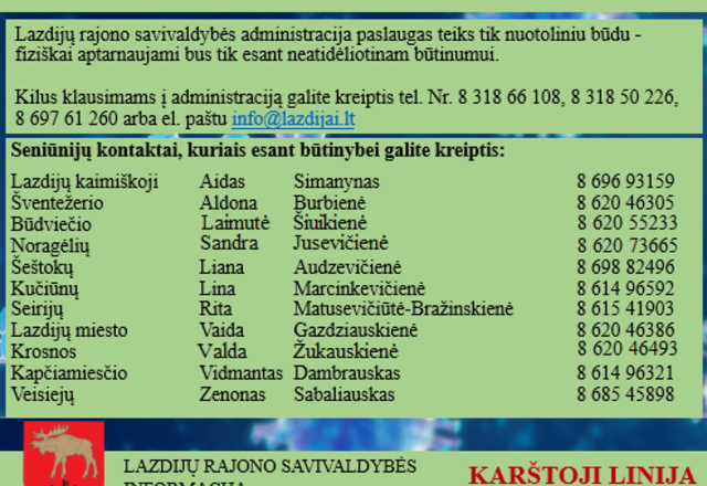 Lazdijų rajono savivaldybės administracija gyventojus aptarnaus tik nuotoliniu būdu