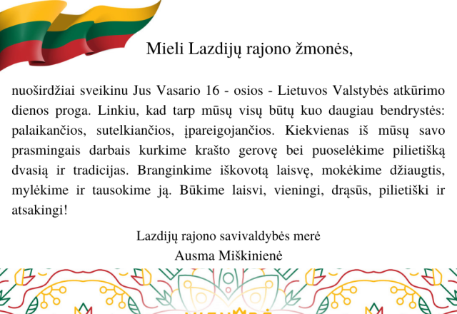 Lazdijų rajono savivaldybės merės Ausmos Miškinienės sveikinimas
