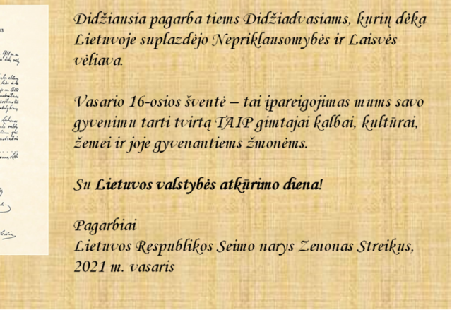 Lietuvos Respublikos Seimo nario Zenono Streikaus sveikinimas