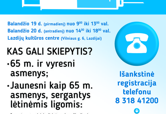 Pirmą kartą Lazdijuose – „gyvoji“ eilė skiepams. Ateiti kviečiame balandžio 19-20 dienomis