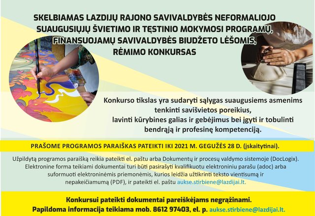 SKELBIAMAS LAZDIJŲ RAJONO SAVIVALDYBĖS NEFORMALIOJO SUAUGUSIŲJŲ ŠVIETIMO IR TĘSTINIO MOKYMOSI...