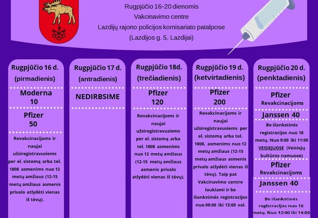 Susipažinkite su šios savaitės vakcinavimo planu Lazdijų rajone ir aktyviai registruokitės! 