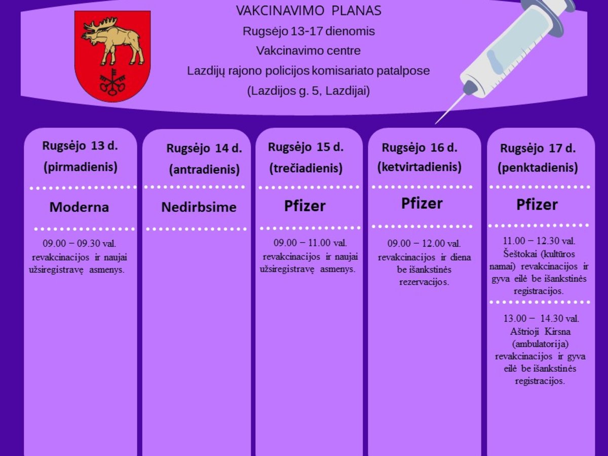 Susipažinkite su šios savaitės vakcinavimo planu Lazdijų rajone ir aktyviai registruokitės! 