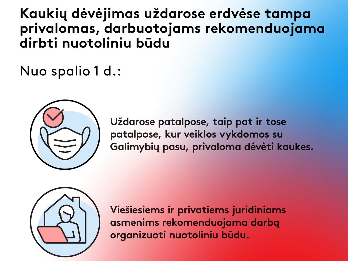 Nuo spalio 1 d. kaukių dėvėjimas uždarose erdvėse tampa privalomas, darbuotojams rekomenduojama...