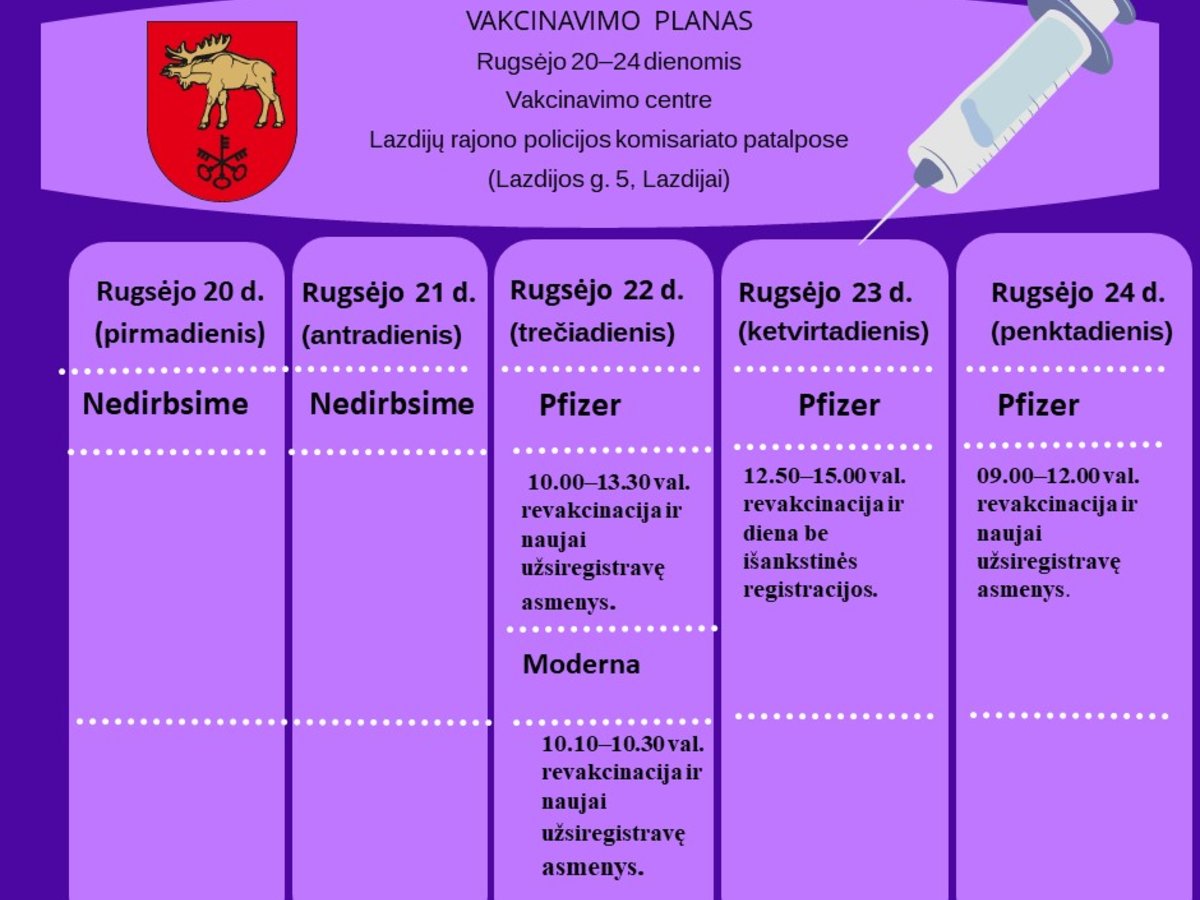 Susipažinkite su šios savaitės vakcinavimo planu Lazdijų rajone ir aktyviai registruokitės! 