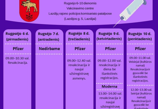 Susipažinkite su šios savaitės vakcinavimo planu Lazdijų rajone ir aktyviai registruokitės! 