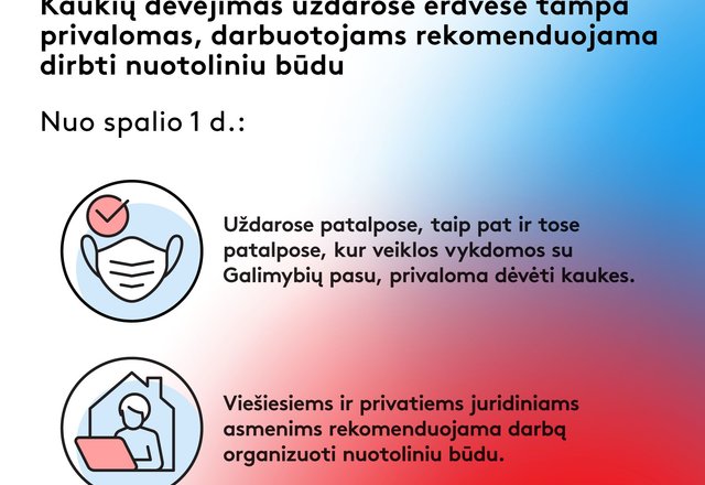 Nuo spalio 1 d. kaukių dėvėjimas uždarose erdvėse tampa privalomas, darbuotojams rekomenduojama...
