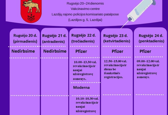 Susipažinkite su šios savaitės vakcinavimo planu Lazdijų rajone ir aktyviai registruokitės! 
