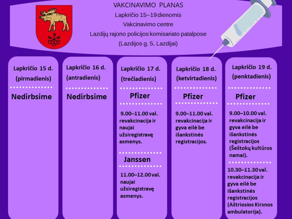 Susipažinkite su šios savaitės vakcinavimo planu Lazdijų rajone ir aktyviai registruokitės!