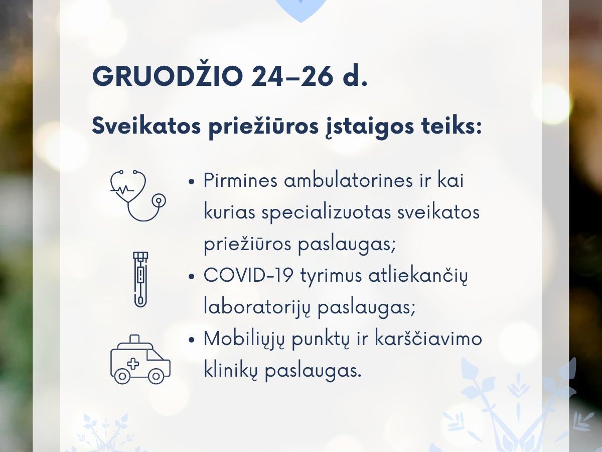 Sveikatos priežiūros įstaigos dirbs ir per šventes