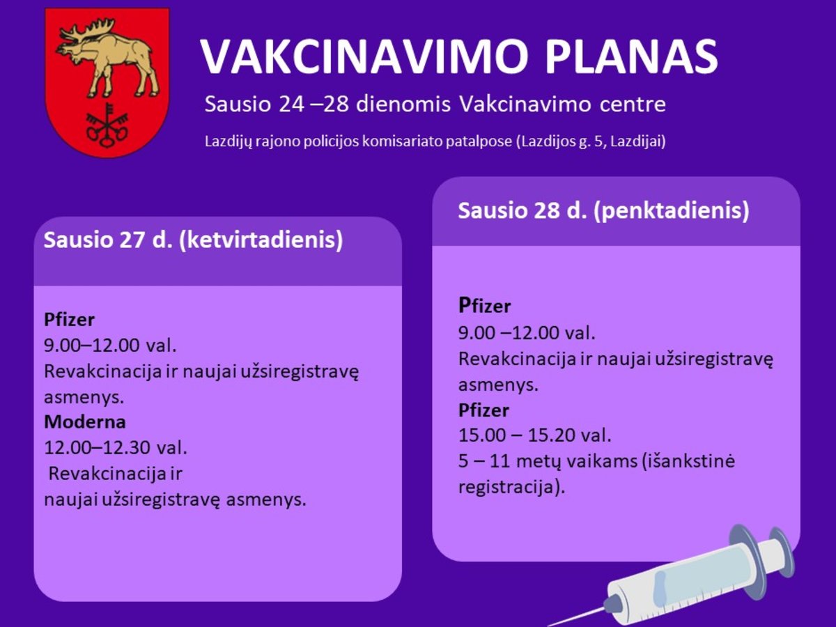 Kviečiame skiepytis. Tai padaryti galima Vakcinavimo centre arba pas savo šeimos gydytojus