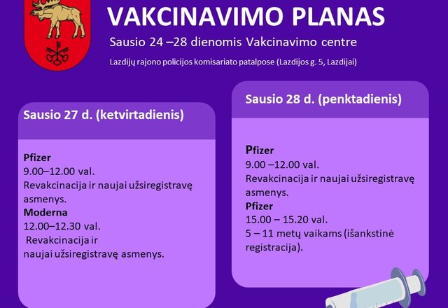 Kviečiame skiepytis. Tai padaryti galima Vakcinavimo centre arba pas savo šeimos gydytojus