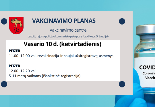 Kviečiame pasiskiepyti. Registruokitės Lazdijų vakcinavimo centre arba pas savo šeimos gydytojus