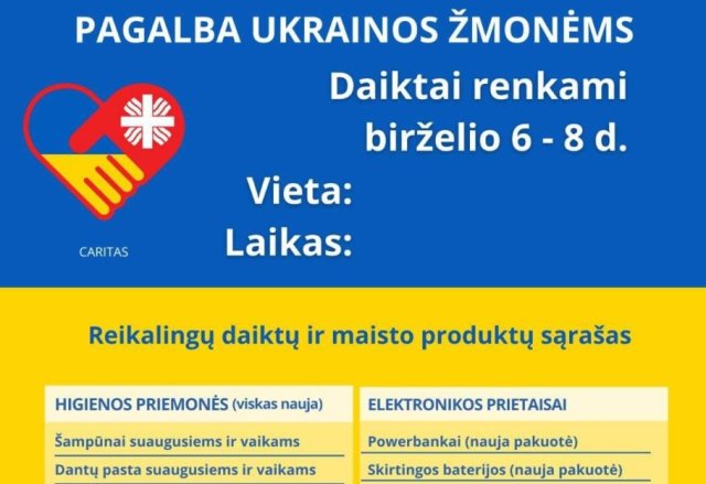 Caritas trečią kartą skelbia daiktų rinkimo akciją Ukrainos žmonėms birželio 6–8 dienomis