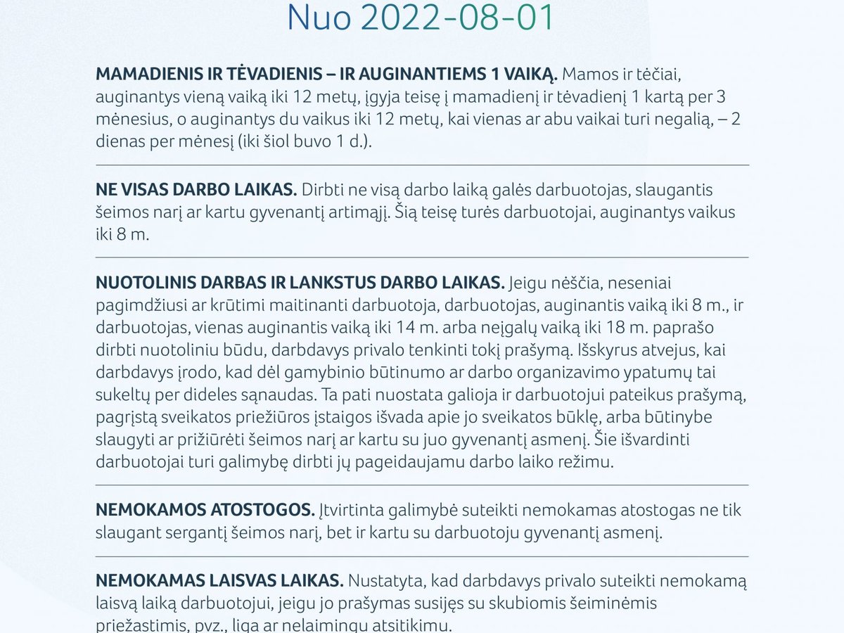 Nuo rugpjūčio pradžios – mamadienis ir tėvadienis auginantiems vieną vaiką, naujovės auginantiems...