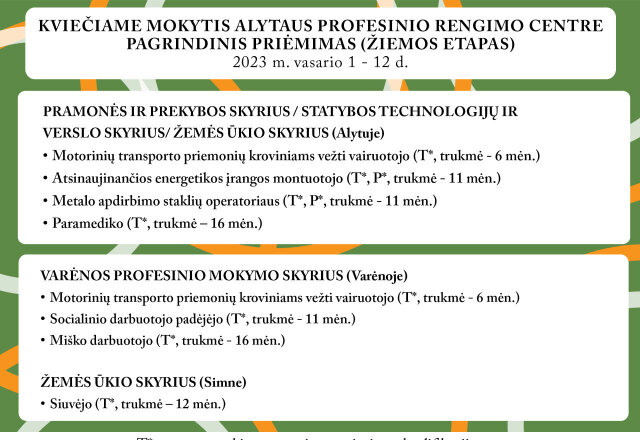 Kvietimas mokytis Alytaus profesinio rengimo centre