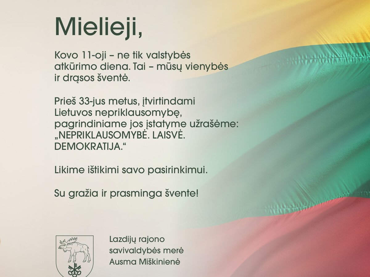 Sveikinimas Lietuvos Nepriklausomybės atkūrimo dienos proga