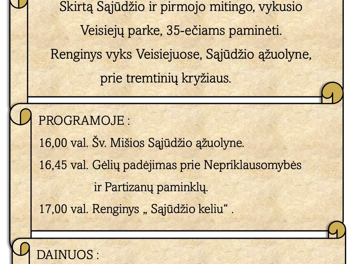 Penktadienį - Sąjūdžio ir pirmojo mitingo, vykusio Veisiejų parke, minėjimas