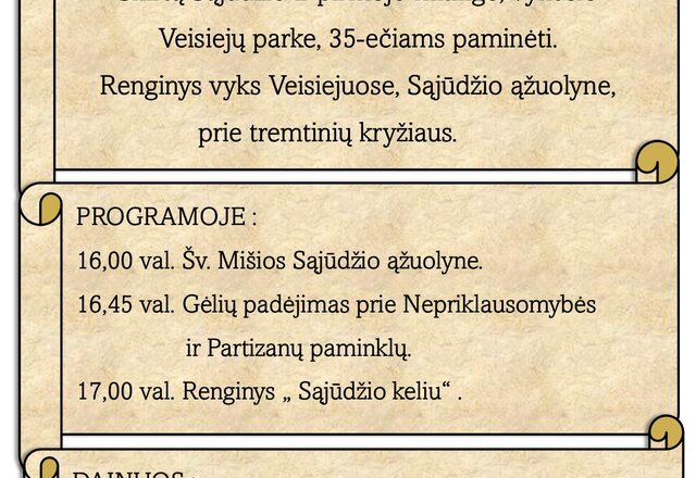 Penktadienį - Sąjūdžio ir pirmojo mitingo, vykusio Veisiejų parke, minėjimas