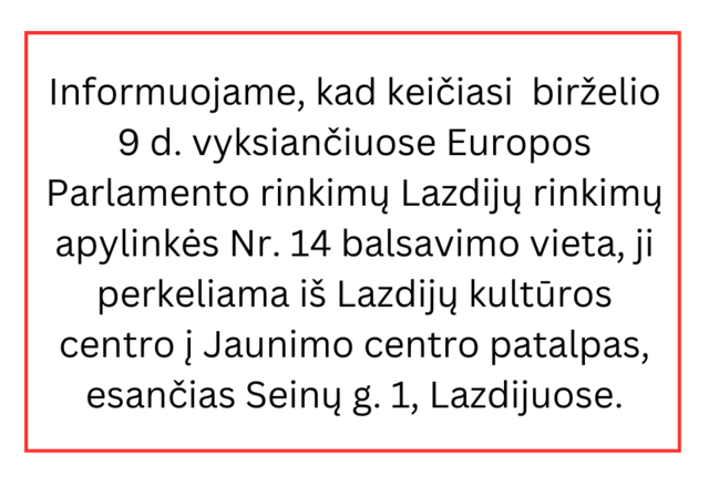 Keičiasi balsavimo vieta birželio 9 d. vyksiančiuose Europos Parlamento rinkimuose