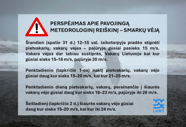 Perspėjimas apie pavojingą meteorologinį reiškinį – smarkų vėją šį savaitgalį