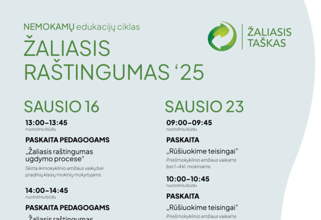 „Žaliasis taškas“ kviečia prisijungti prie NEMOKAMŲ nuotolinių edukacijų ciklo „Žaliasis...